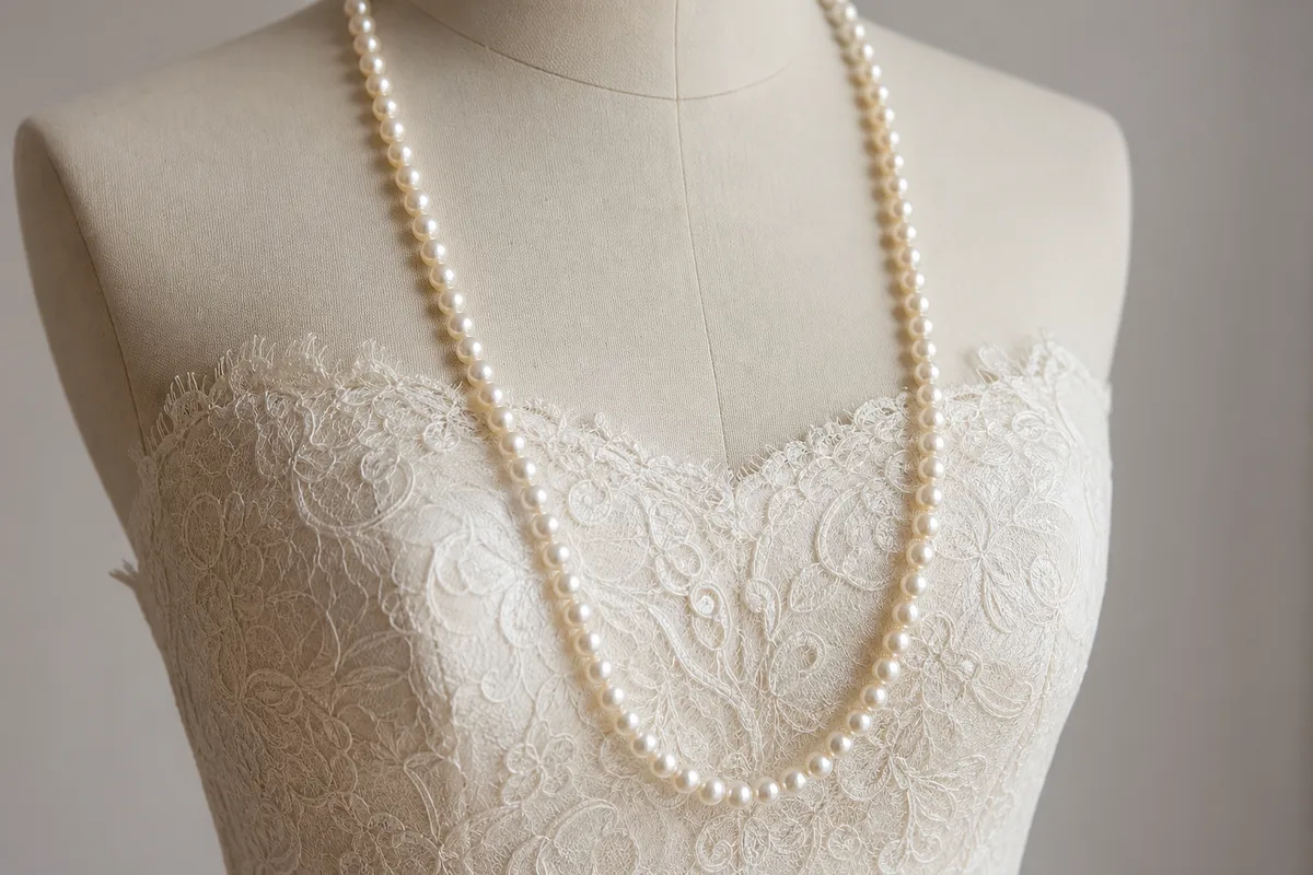 Collier de longueur princesse posé sur le décolleté d’une robe de mariée bustier