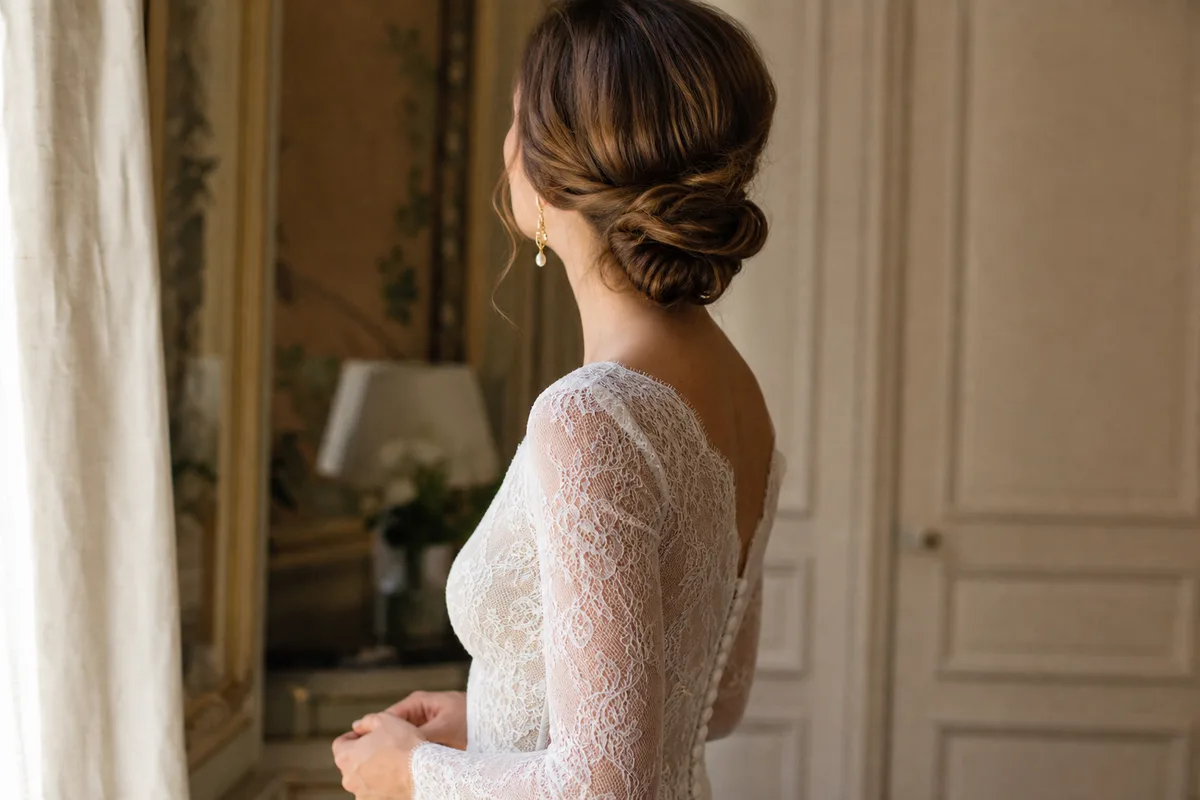 Mariée en robe à manches longues portant des boucles d’oreilles pendantes