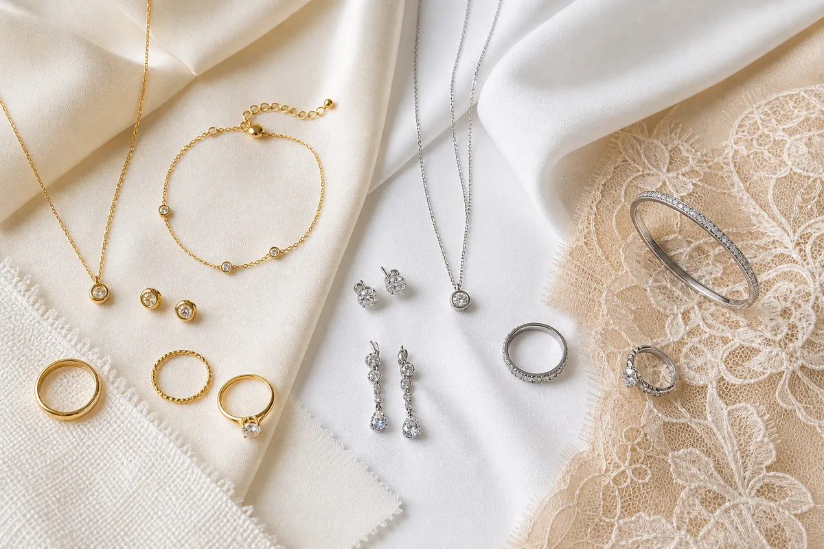 Bijoux en or et en argent posés sur des échantillons de tissu ivoire et blanc