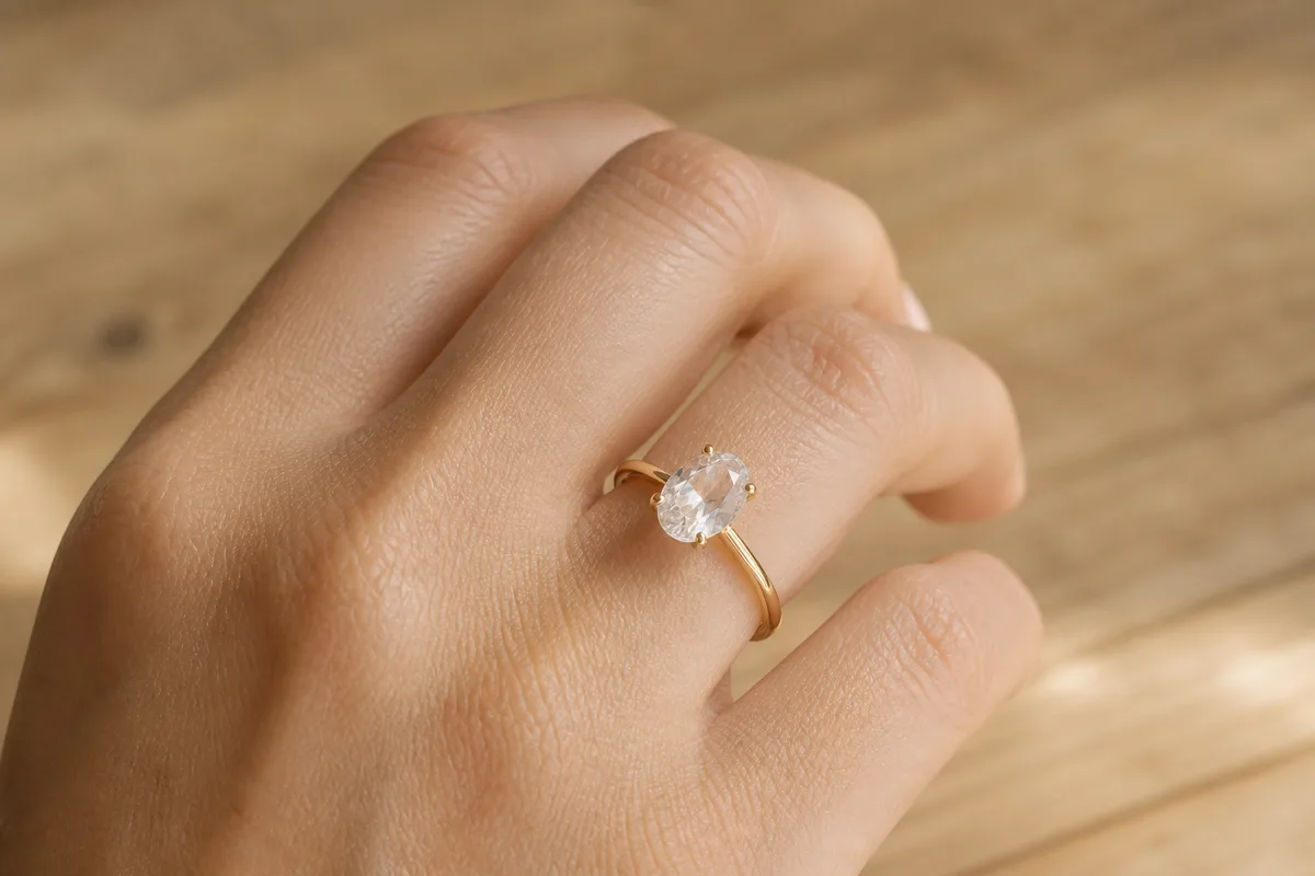 Main portant une bague à pierre ovale orientée dans la longueur du doigt