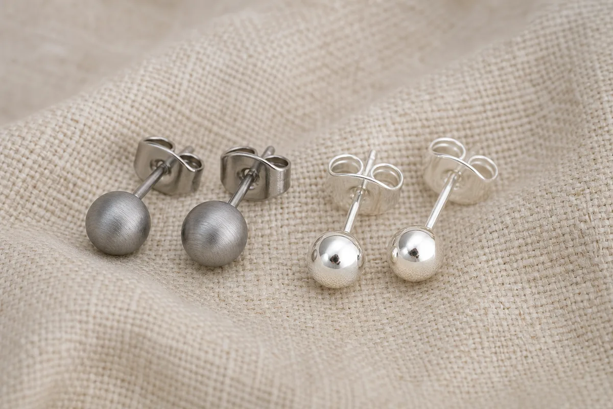 Boucles d&rsquo;oreilles en titane et argent posées sur un linge de lin clair, gros plan sur les tiges