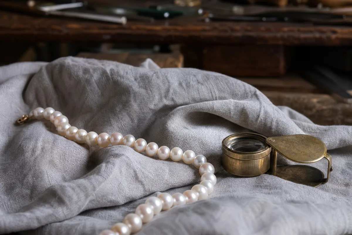 Collier de perles blanches posé sur un tissu de lin gris à côté d’une loupe de bijoutier