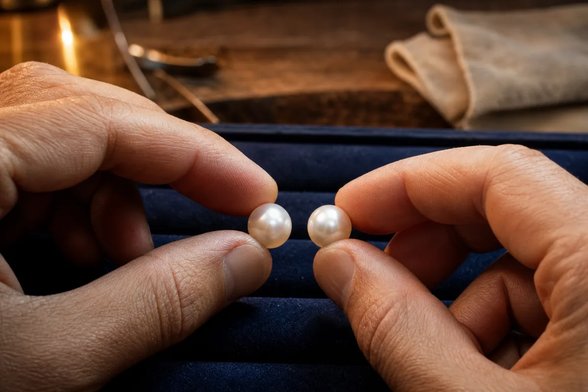 Deux perles tenues entre les doigts au-dessus d’un plateau de velours sombre dans un atelier de bijouterie