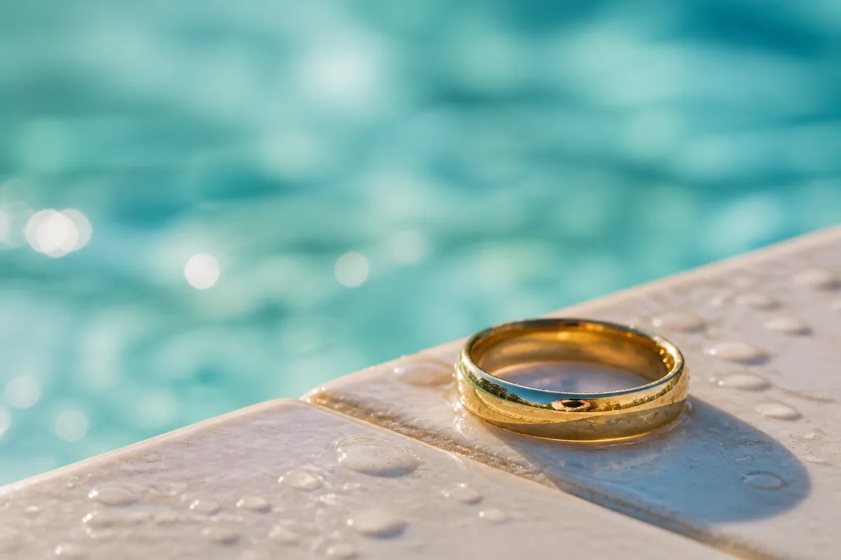 Bague en or jaune posée sur le rebord carrelé d&rsquo;un bassin, reflets d&rsquo;eau