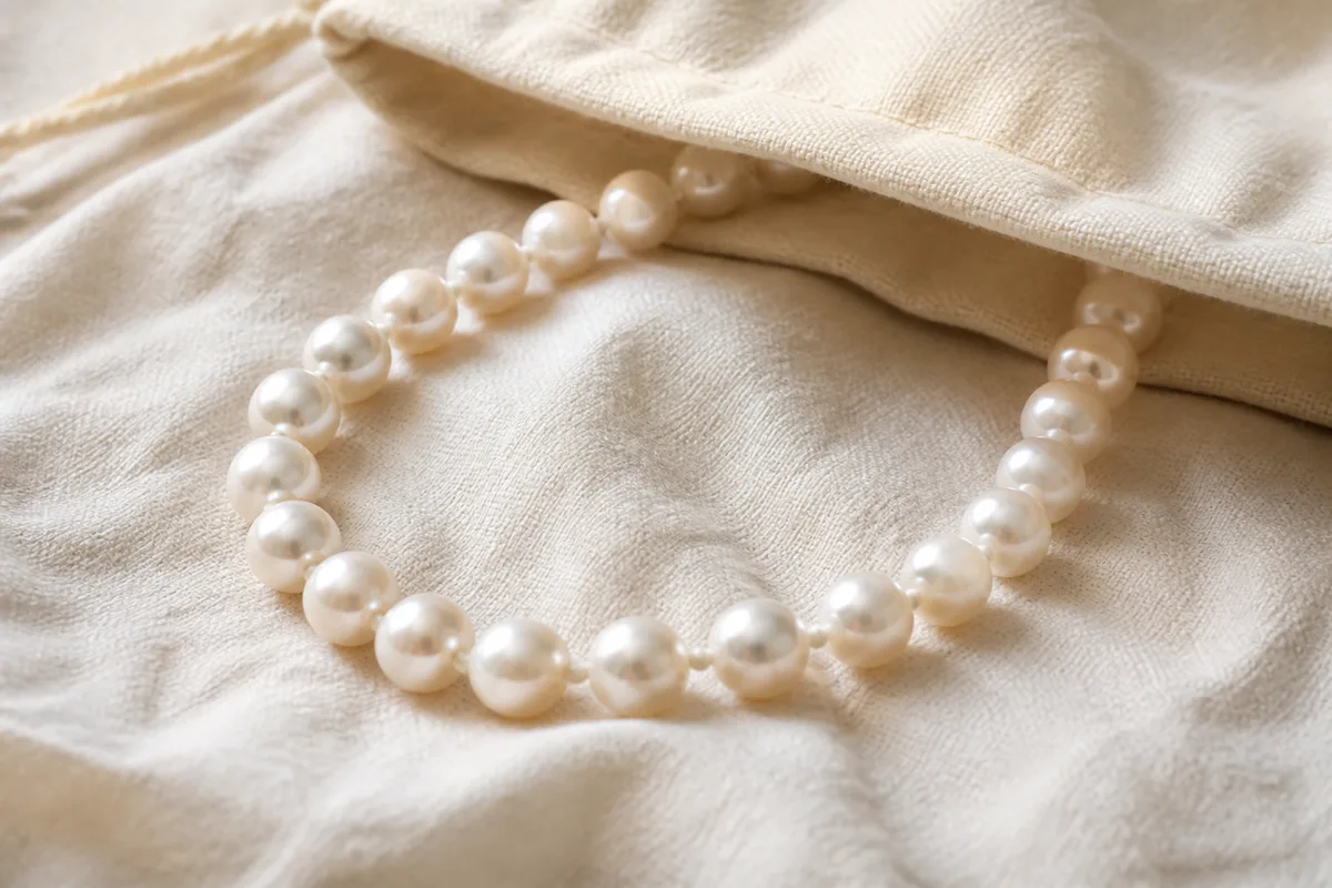 Rang de perles posé à plat sur un linge de coton clair, lumière douce