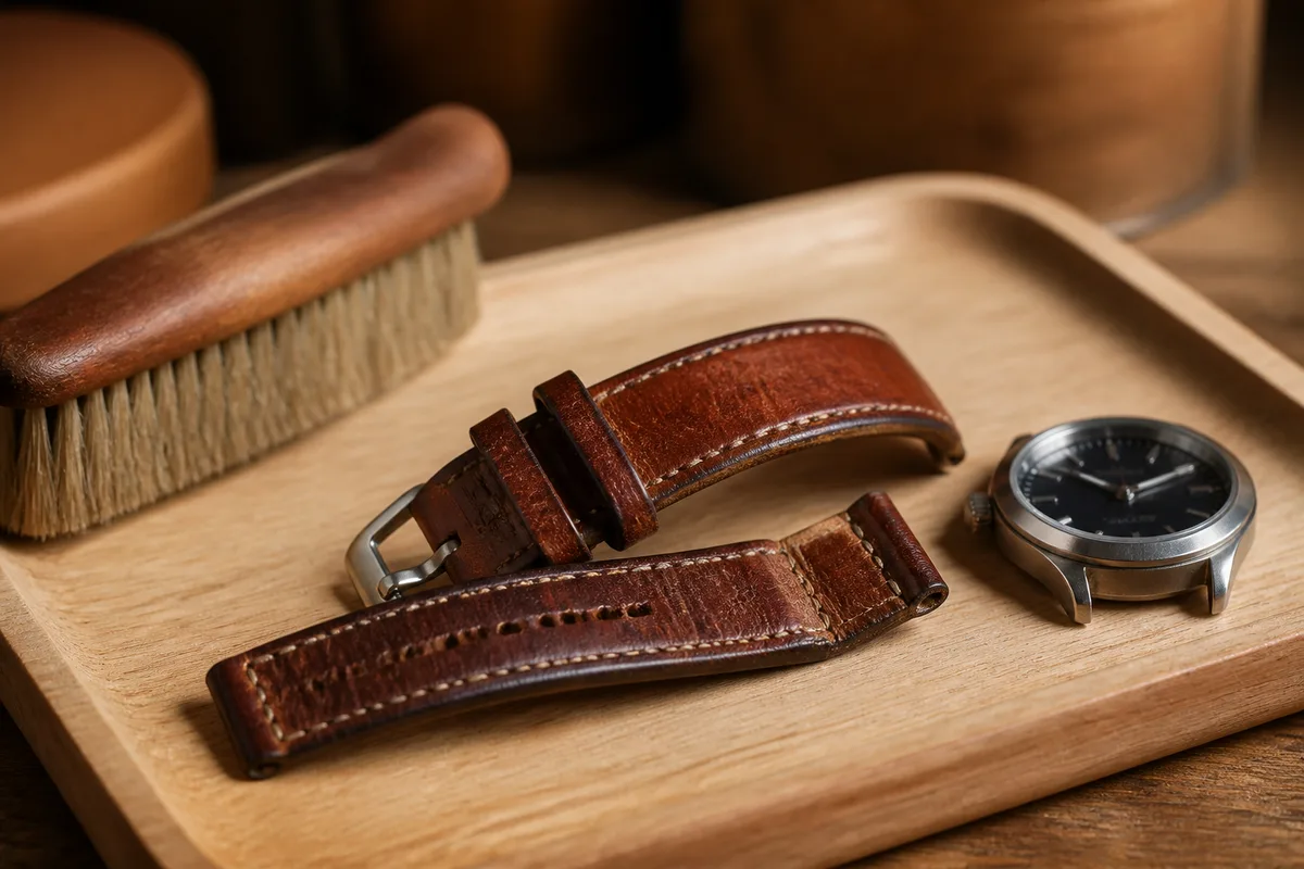 Bracelet de montre en cuir et boîtier posés sur un plateau de bois clair